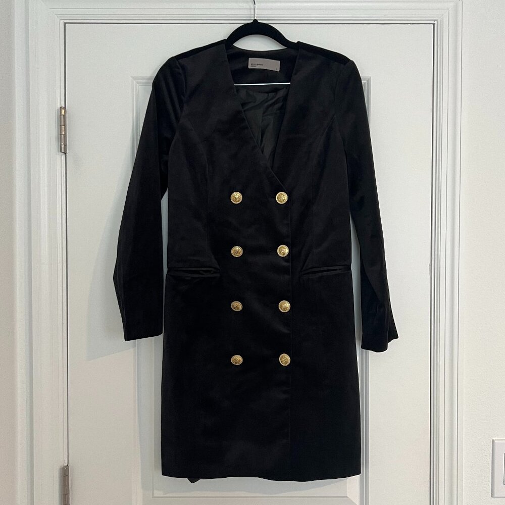 VERO MODA Black Velvet Military Inspired Suit Jacket Dress Midi Gold Button 34
